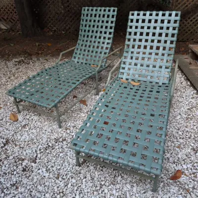 Sale Photo Thumbnail #14: Pair of vintage Brown Jordan patio lounge chairs with green vinyl strap webbing and metal frames.