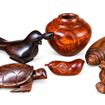Collection of 6 Hand-Carved Wooden Animal Figurines & Decorative Vessel 