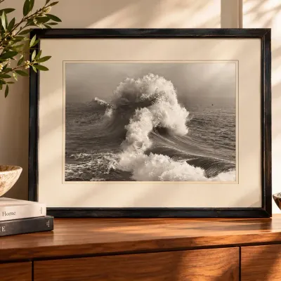 Framed Black & White Ocean Wave Photograph: Dramatic Coastal Seascape 