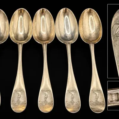 Set of 6 Antique British Sterling Silver Spoons with “VICTORIOUS” Heraldic Crest  434g Total
