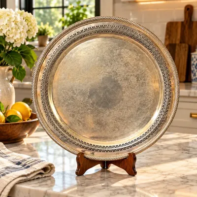 Vintage Wm. Rogers Silverplate Round Serving Tray  Ornate Engraved & Pierced Border