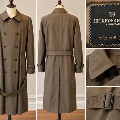 Vintage Hickey-Freeman Rainwear Trench Coat Made in England Taupe Olive Men's