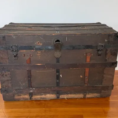 Vintage Wood Steamer Trunk with Metal Hardware & Lined Interior