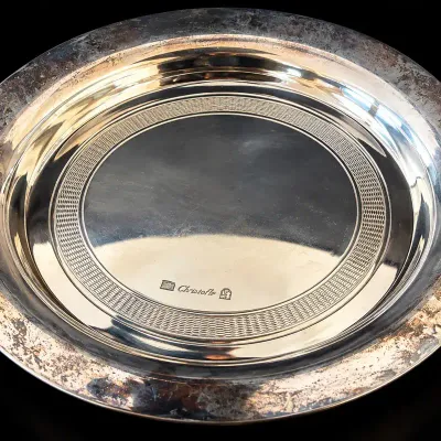 Christofle French Silver-Plated Round Dish with Engine-Turned Border
