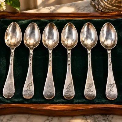 Set of 6 Antique Irish Dublin Sterling Silver Spoons with Stag Crest  Hallmarked  186g 