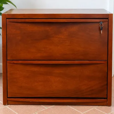 Wood 2-Drawer Lateral File Cabinet with Lock & Key  Warm Brown Finish
