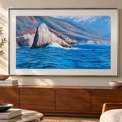 Large Framed Seascape Print – Rocky Coast & Blue Ocean