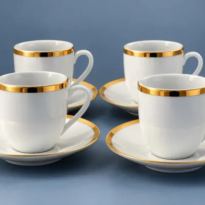 Set of 4 Brasserie Williams-Sonoma Japanese Porcelain Cups & Saucers  Gold Trim
