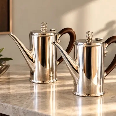 Pair Of William Spratling Taxco Sterling Silver Coffee Pots with Rosewood Handles & Jaguar Finials