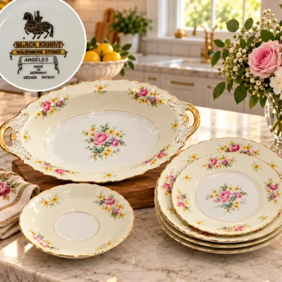 Black Knight Waldenburg Studios Angeles German Porcelain Floral Dinnerware Lot (28 pcs)