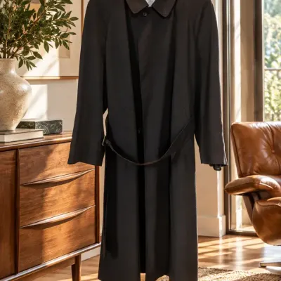 Vintage Aquascutum of London Pure Virgin Wool Belted Trench Coat / Black M
