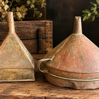 Vintage Copper-Colored Metal Funnel with Dual Side Handles  Rustic Farmhouse Decor