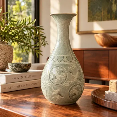 Korean Celadon Crane & Cloud Sanggam-Style Bottle Vase  Crackle Glaze