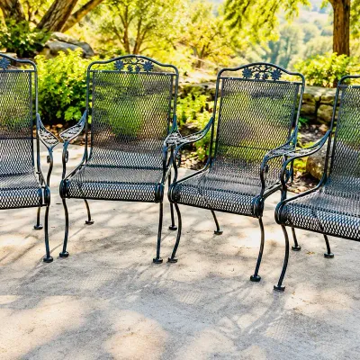 Set of 4 Black Metal Mesh Patio Armchairs with Floral Accents 