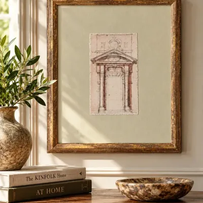 Framed Michelangelo “Study for Porta Pia in Rome” Architectural Reproduction 
