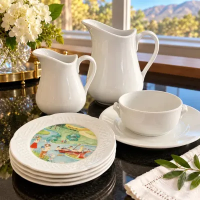 French Porcelain Collection  Apilco & Chauvigny Pitchers, Limoges Bowl and Philippe Deshoulieres Pla