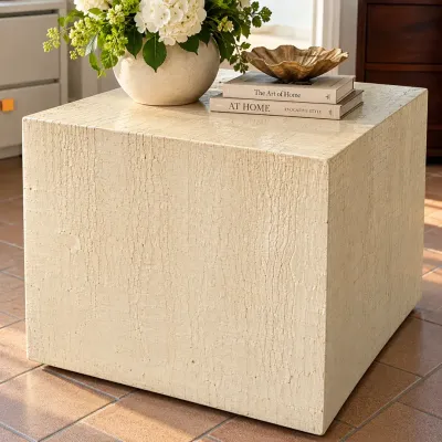 Vintage Cream Crackle Finish Cube Accent Table / Pedestal  32"