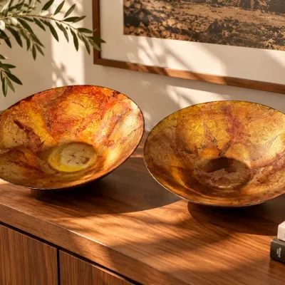 Pair of Decorative Amber Gold & Copper-Tone Art Glass Bowls