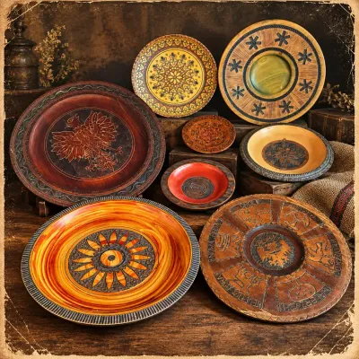Collection of 8 Hand-Carved Decorative Wooden Plates & Bowls  Folk Art Collection 