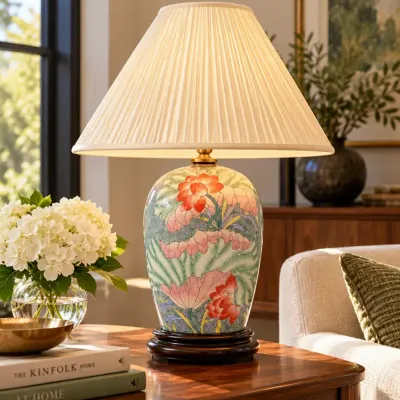 Asian Style Floral Ceramic Table Lamp with Pleated Shade 