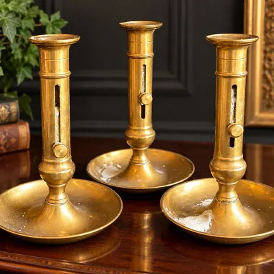 Trio Vintage French-Style Adjustable Brass Chamberstick Candle Holders
