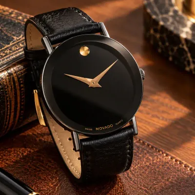 Movado Museum Dial Black Quartz Wristwatch – Gold-Tone Accents & Leather Strap