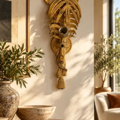 Vintage Gilt Metal Palm Leaf Hollywood Regency Wall Lamp
