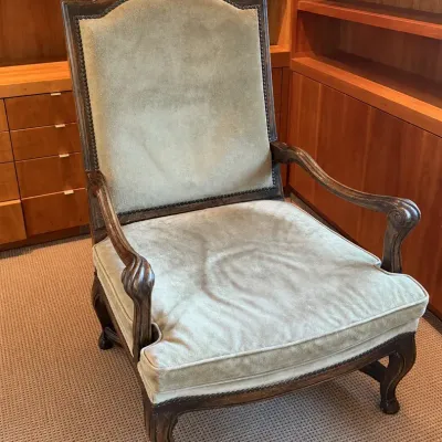 Anique French Louis XV Style Upholstered Bergre Armchair with Nail Head Trim