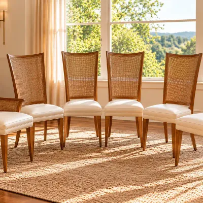 Set of 6 Vintage Cane Back Dining Chairs: 2 Armchairs & 4 Side Chairs