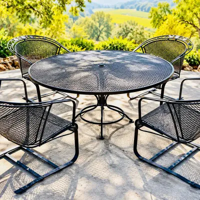 Black Metal Mesh Patio Dining Table with 4 Spring Rocking Armchairs