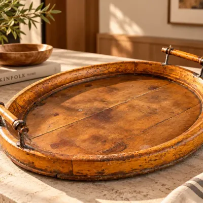 Vintage Oval Wooden Serving Tray with Raised Rim and Two Handles 