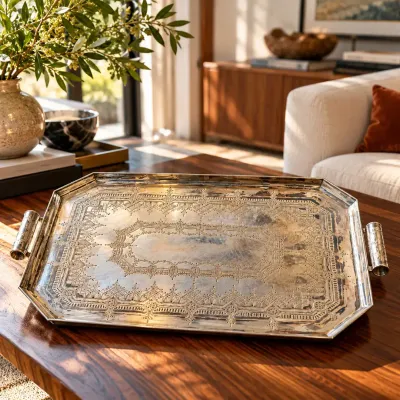 Antique Elkington & Co. Victorian Silver-Plated Serving Tray  Moorish Engraving