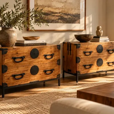 Pair Of Industrial Modern 2-Drawer Wood & Iron Accent Consoles / Dressers