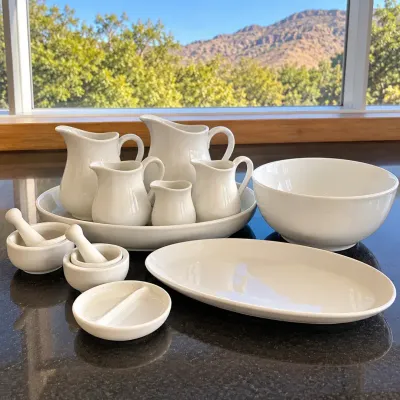 Assorted White Porcelain Serving Ware, Pitchers, Bowls & Mortar and Pestle Collection 