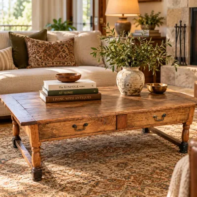 Antique Rustic Wood Coffee Table with Two Drawers