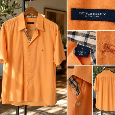 Burberry London Men’s Orange Linen Shirt w/ Signature Check – Size L