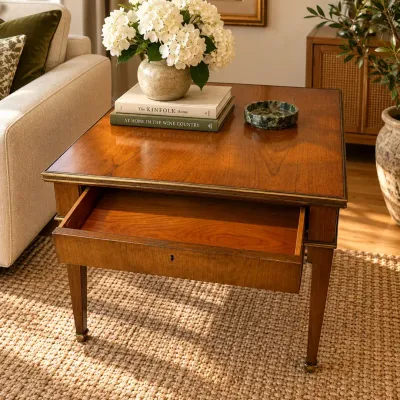 Baker Furniture Accent / Coffee Table with Drawer & Brass-Tone Trim