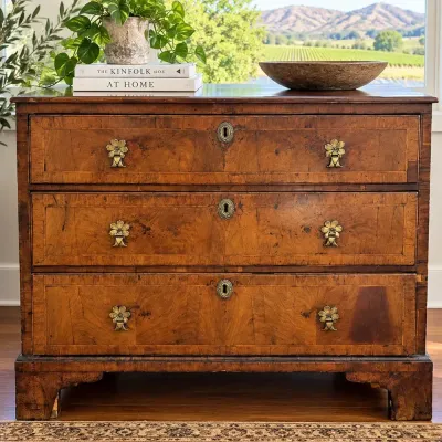 Inlaid Walnut 3-Drawer Chest with Brass Floral Pulls
