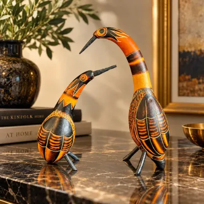 Pair Of Vintage Peruvian Folk Art Hand-Carved & Painted Gourd Bird Sculptures