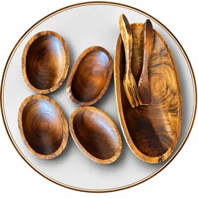 Rustic Wooden Serving Bowl Set with Utensils  7 Pieces