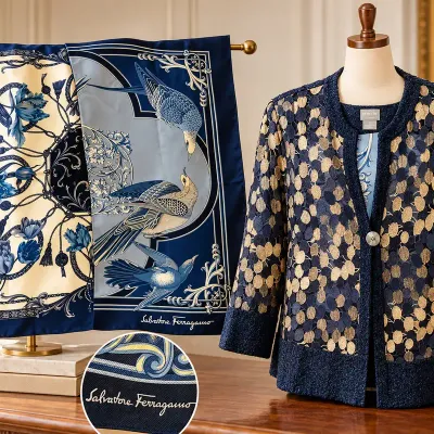 Salvatore Ferragamo Italian Silk Scarf & Chico’s Designer Jacket – Elegant Fashion Duo