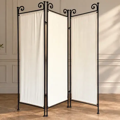 Decorative Wrought Iron Three-Panel Folding Room Divider with Fabric Panels 