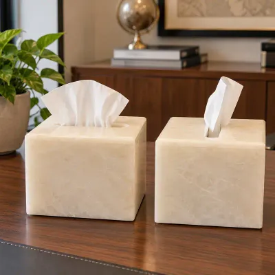 Pair Of Alabaster Stone Tissue Box Covers