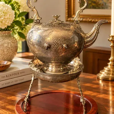 Large Ornate Antique Silver-Tone Tea Kettle on Stand  Hand-Engraved Floral & Scroll Decoration  Appr
