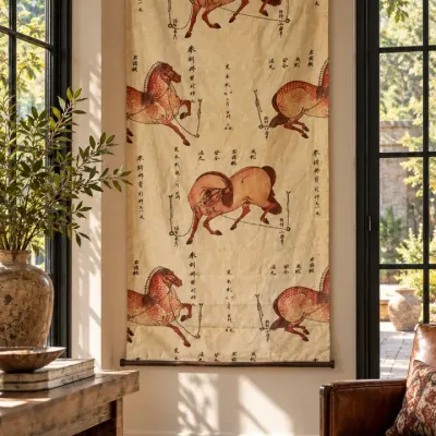 Chinese Horse Motif Textile Wall Hanging With Calligraphy  Approx. 72" x 36" 