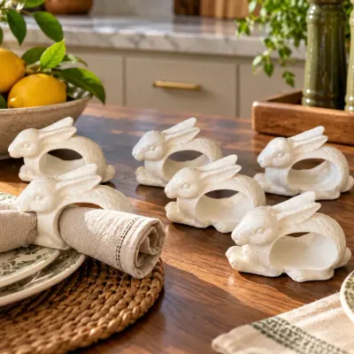 Set of 7 White Ceramic Rabbit Napkin Rings