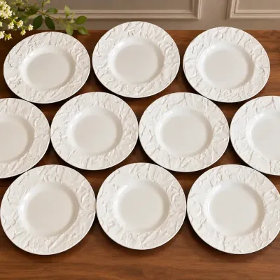 Set of 10 Bordallo Pinheiro White Embossed Leaf Design Plates  Made in Portugal