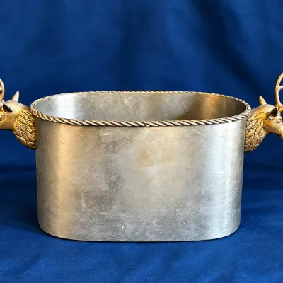 Decorative Oval Metal Wine Chiller with Gold-Tone Deer Head Handles 