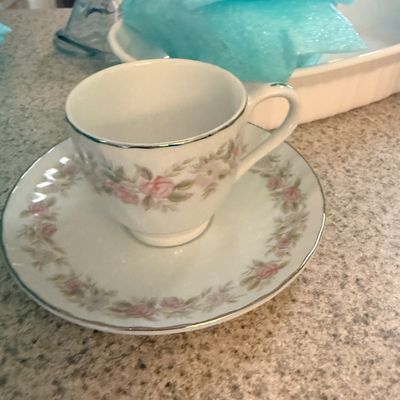 Vintage fine china teacup and matching saucer featuring a delicate pink rose floral border and silver trim.