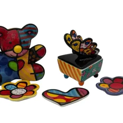 5 Pieces Of Pop Art By Romero Britto, Trinket Box, Fun Bear & Ring Dishes